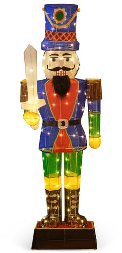 COSTWAY Soldat Casse-Noisette de 184 cm avec Chapeau et Epée, Décoration de Noël 3D avec 110 Lumières LED Blanc Chaud, Figurine de Noël Pailletée Etanche pour l'Intérieur et l'Extérieur