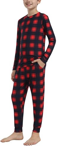 MoFiz Garçons Ensembles de Pyjama Hiver Doux Vêtements de Nuit Manches Longues Hauts de Pyjama et Pantalon à Carreaux Rouge M(140-152)