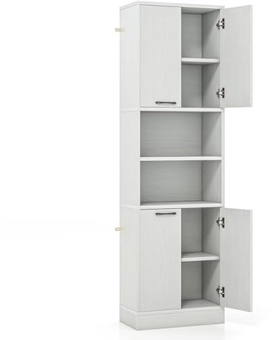 GiantexUK 4-Door Tall Kitchen Cupboard, 190CM Wooden Storage Cabinet with 2 Open Compartments & 2 Enclosed Cabinets, Freestanding Display Sideboard for Dining Living Room Pantry (White Oak)