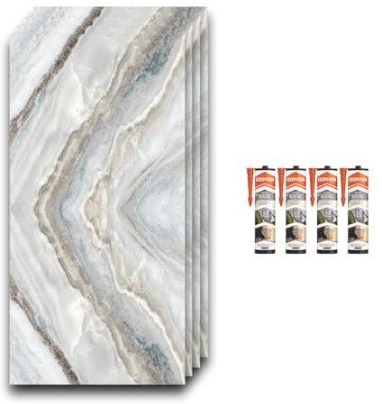 IZODEKOR Marble Look Wall Cladding Kit - 4 Pcs 244x122cm Wall Panel with 4X Adhesives Sealant for Bathroom, Bathroom Marble Tiles, Shower Wall Panels, Granite&Marble Effect PVC Cladding | Pearl Land