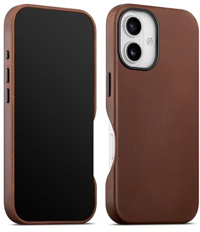 maogoam for iPhone 16 Case Leather, Compatible With MagSafe, Genuine Vintage Crazy Horse Leather, Metal Buttons & Camera Bump Frame, Indiana-Jones Style, 6.1, Dark Brown