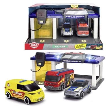 Dickie Toys Station S.O.S pour Enfants à partir de 3 Ans (31 x 22 cm) avec 3 Voitures Jouets (Voiture de Police, Ambulance, Camion de Pompiers), Poste de Pompiers et de Police avec lumière et Son