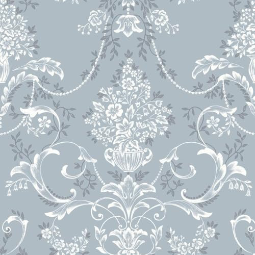 Amelie Damask Floral Blue Wallpaper - Flowers Naturistic Botanical Classic Traditional - Stylish Feature Wall