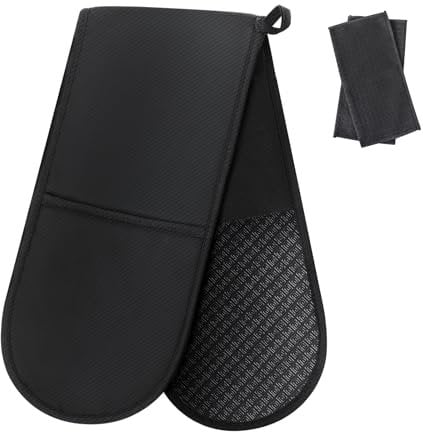 Philorn Black Double Oven Mitts,Heat Resistant 260℃ Waterproof Silicone Glove Kitchen Gloves Oven Extra Long Oven Mitts with Non-Slip Silicone Surface for Baking, Cooking, BBQ