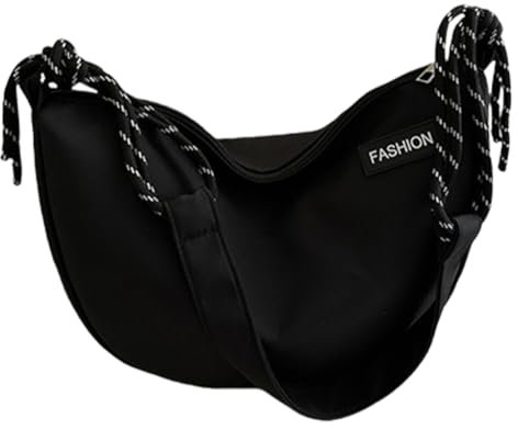 Beimus Borsa a tracolla da donna, unisex, in nylon, multiuso, a forma di luna, borsa a tracolla con corda intrecciata, per uso quotidiano e da viaggio, Nero