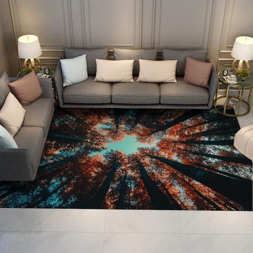 UERWOWELL Wald Bereich Teppiche für Schlafzimmer Wohnzimmer Baum Bild Waschbar Rutschfester weicher Teppich mit niedrigem Flor Leichter Innenbodenteppich für Wohnkultur 160x200cm