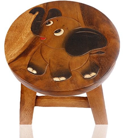 Tokoindah Kinderhocker Holz Massiv - Handgefertigter Kinderstuhl mit eingeschitztem Elefant-Baby Motiv, Runder Schemel für Kinder;