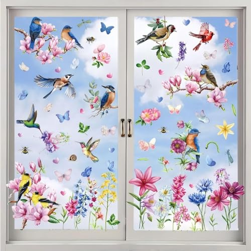 Lekabee Floral Hummingbird Butterfly Window Stickers | Spring & Summer Window Clings, Double-Sides Window Clings for Glass, Window Decals Anti-Collision, Reusable & Removable
