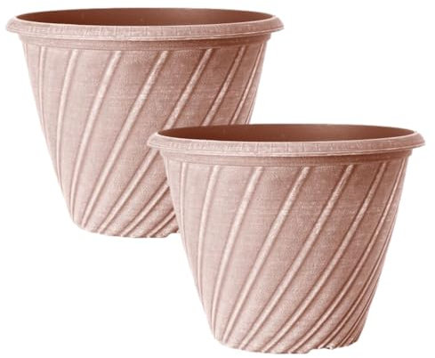 Fyne-Finds Round Plastic Plant Pot 31cm,12inch Aged Terracotta Swirl 10L Garden Outdoor Planter Drainage Hole, UV & Frost Resistant (2)