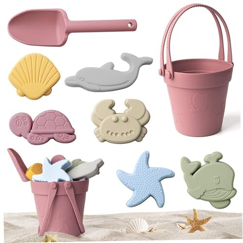 11 PCS / Set Sand Toys de qualité alimentaire Les jouets de plage en silicone coloré avec sac en mesh incluent la pelle, le seau, les moules sable et les voitures aléatoires boîte étanche pour le