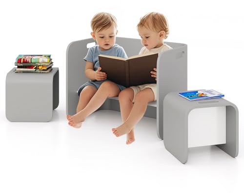 RELAX4LIFE 4 in 1 Tavolino Bambini con Sedie Convertibili (Grigio) | Set Salvaspazio in Legno a U, Tavolo/Scrivania/Panca con Schienale/Tavolino Laterale, Senza Montaggio, per 3+ Anni