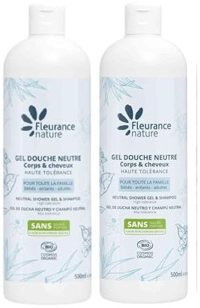 Fleurance Nature- Gel douche Neutre-Certifié Bio Cosmos Ecocert- 500m-(Lot de 2) ph neutre, sans savons- sans parfums- extra doux- pour peau sensible et atopique- pour adulte, enfant et bébé- 23142