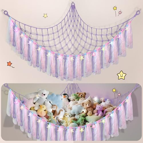 Lunriwis Teddy Hammock with LED Light, Boho Decor Plush Toy Storage Net, Teddy Bear Soft Toy Storage, Hand Woven Plush Macrame Toy Hammock for Stuffed Animals Purple