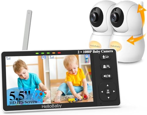 HelloBaby Baby Monitor 2 Cameras with 1080P Baby Camera,5.5 Inch Split-Screen Baby Monitor with Camera and Night Vision, No WiFi, Pan-Tilt-Zoom, Night Light, 1000 Feet Range