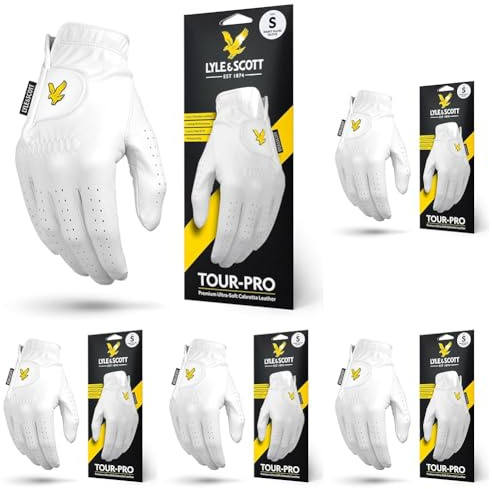 Lyle & Scott Tour Pro Premium Ultra Soft Cabretta Leather Golf Glove - Ultimate Grip, Moisture Control, Durable - Men's Golf Glove, White, Small, Right Hand (Pack of 5)