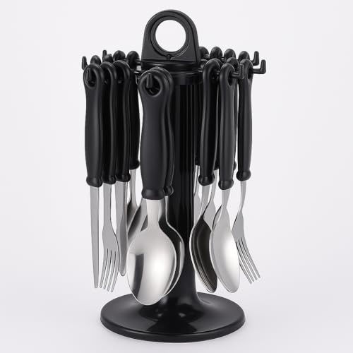 RANRHA 24-Piece Stainless Steel Cutlery Set with Black Handles – Includes Dinner Spoons, Forks, Knives & Teaspoons – Durable, Dishwasher Safe Flatware with Storage Stand