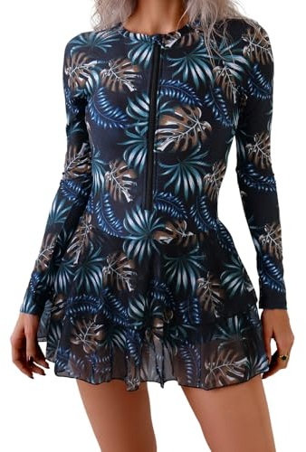 Odizli Swim Dresses Women Long Sleeve Zip Up Floral Swimdress One Piece Skirted Swimming Costume
