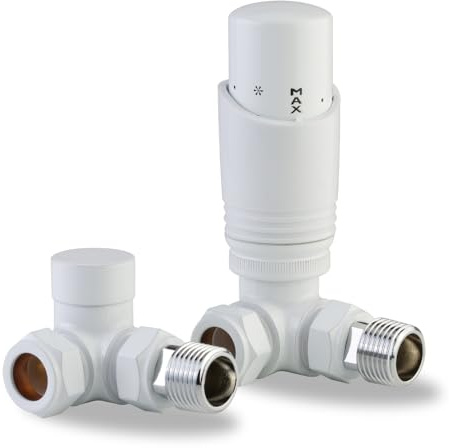 LavaTherm Thermostatic Radiator Valve TRV – 15 mm Corner – Energy Saving Central Heating Radiator Valve – Premium Brass Replacement TRV and Lockshield – White
