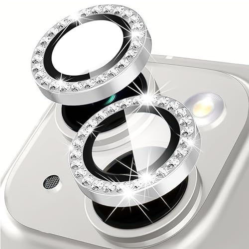 Coiwxmoi Protecteur d'Objectif de Caméra pour iPhone 15/15 Plus Protection Camera,Verre Trempé 9H avec Bling Paillettes Diamants,HD Transparente Anti-Rayures,Appareil Photo Individuel Protector,Argent