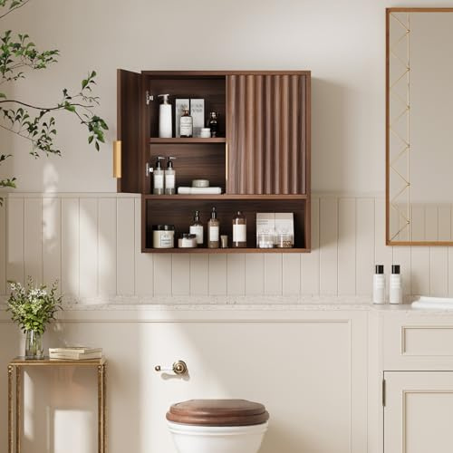 Bonnlo Fluted Bathroom Wall Cabinet, Wooden Wall Mounted Medicine Cabinet | 2 Fluted Doors,Open Compartments and Adjustable Shelf, Storage Organiser Over Toilet for Living Room Kitchen Laundry,Walnut