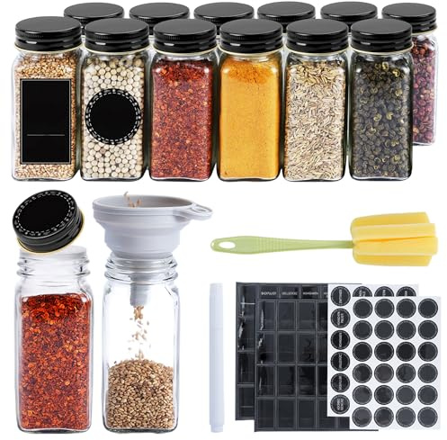 YEATHOR 24pcs Glass Spice Jars 120ml with Black Lid, Shaker Inserts, Black Lables, Marker Pen, Funnel & Cleaning Brush Square Seasoning Jars Spice Containers Storage Jars for Kitchen Seasoning