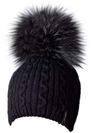 MERRYLAND Mütze Echtfellbommel Schwarz Pudelmütze ECHTFELL Bommelmütze Hat Beanie Real Fur Pom Pom Fellbommel Echt Fell Strickmütze Bommel Pelzbommel Pelzmütze Fellmütze Pelz Echt Fellbommelmütze