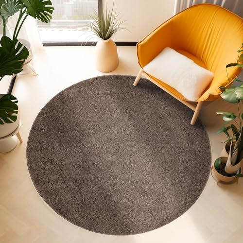 SIMPEX Teppich Rund 120 cm Braun, Kurzflor, Einfarbig, Modernes Design, Pflegeleicht, rutschfest, Weicher Bodenteppich für Wohnzimmer, Schlafzimmer, Esszimmer