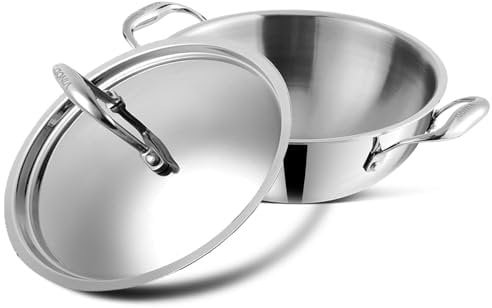 Vinod Platinum Triply Extra Deep Kadai with Lid - 1.8L, 20 cm | Stainless Steel Cooking Pan for Frying, Curries, Saute | Heavy Base Frying Wok | Induction & Gas Stove Compatible | Easy-Grip Handles