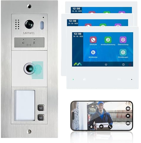 Mathfel 2-Draht-Bus Video-Türsprechanlage – Modulares Komplettsystem mit Innenmonitor(en), WLAN optional, Fingerprint/RFID/Gravur verfügbar (Fingerprint, 2 Klingeltaster (3 x Monitore))