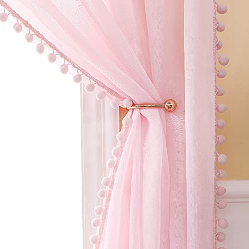 MIULEE Gardinen mit Pompons-Wunderschöne Rosa Vorhang mit Bommeln für Kinderzimmer, Mädchen Zimmer, Transparent Ösenvorhang 2er Set für Schlafzimmer Wohnzimmer, Jeder H 160 X B 140cm