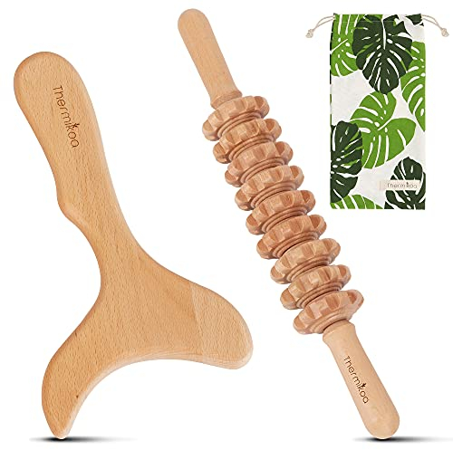 Thermikoa Appareil Massage Bois-Maderotherapie Kit Complet-Rouleau de Massage Cellulite et Spatule de Modelage pour le Drainage des Toxines-Masseur Anti Cellulite-Baton de Massage