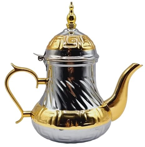 Tetera árabe realizada en Acero Inoxidable- Tetera Inducción con Filtro Integrado y asa Auténtica Tradicional Modelo Grabado con Diseño Clásico Arabe 36oz