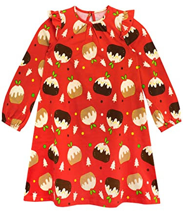 Harry Bear Girls Dress Christmas Puddings Red 5-6 Years