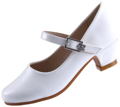 EIGHT KM Girls High Heel Dress Shoes Mary Jane Princess Wedding Party Pump Shoes EKM7015 Patent Leather White 2 UK Big Kid