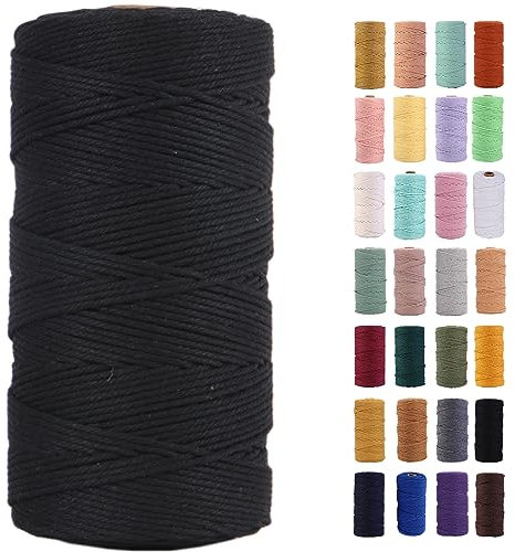 MAOQIAN Schwarze Makramee-Schnur, 2 mm x 220 m, farbiges Baumwollseil, bunte Baumwollschnur, weiche Bastelschnur zum Aufhängen, Pflanzenaufhänger, Basteln, dekorative Projekte