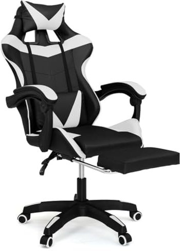 IDMarket - Fauteuil de Gaming Alex réglable avec Repose-Pied, Coussin de tête et Coussin Lombaire Noir et Blanc