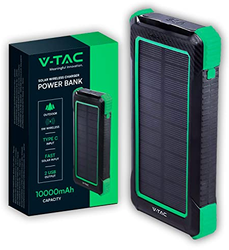 V-TAC Power Bank Solare 10000 mAh con Ricarica Wireless 5W - PowerBank Batteria Esterna con Pannello Solare - Porta USB Type-C USB-A Micro USB - Compatibile iPhone, iPad, Samsung, Xiaomi - Nero