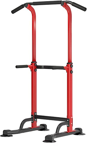 sogesfurniture Power Tower Fitness Dip Station, multifunktionale Kraftstation Kraftturm Trainingsgerät mit Klimmzugstange, höhenverstellbar von 165-210cm, Schwarz&Rot