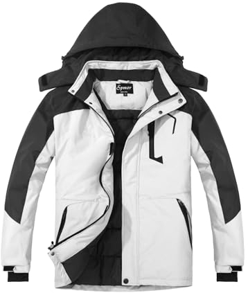 Spmor Damen wasserdichte Skijacke mit Kapuze Snowboard Mantel Warme Winter Schneejacken, Weiss/opulenter Garten, XL
