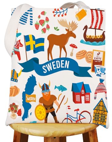 WZMPA Schweden Reisetasche Stockholm Reise Geschenk Schwedisches Nationaltier Elch Wiederverwendbare Einkaufstasche Schweden Tour Merchandise, Schweden Tg, Large