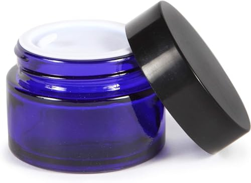 AKOAK Lot de 2 bocaux en verre avec couvercle noir, récipient vide en verre bleu avec doublure intérieure, flacon cosmétique rechargeable pour crèmes, cosmétiques, lotions, pommades (20 ml)