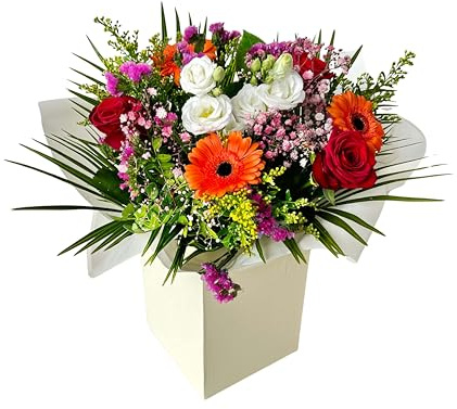 Bright Radiant Sunset Bouquet Fresh Flowers | Red - Roses - Orange Gerbera - White Lisianthus, Birthday, Anniversary, Thank You, Seasonal Occasions