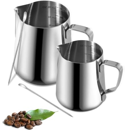 Omtofo 350ml 550ml Bricco Latte, 2 Pezzi Bricco per Latte in Acciaio Inox con Marchio di Misurazione e caffè Latte Art Pen, per Cappuccino, Espresso, Latte Art, Perfetta per Gli Amanti del Caffè
