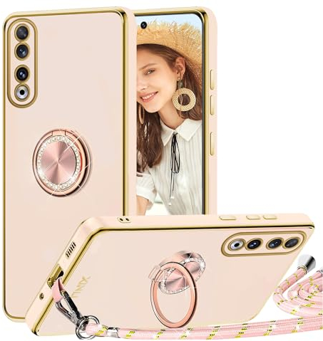 TVVTPU Coque pour Honor 90 avec Cordon et 360 Degrés Anneau Support, Étui Housse Antichoc Souple Silicone TPU Bumper Protection Case avec Amovible Collier, Rose