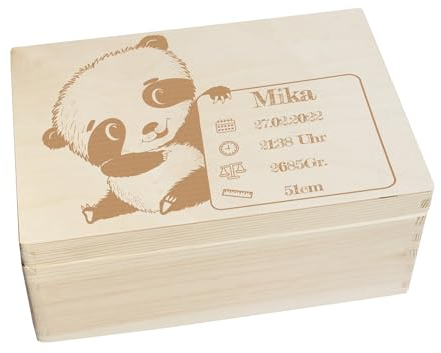 CHICCIE Erinnerungsbox personalisiert für Baby & Kind mit Gravur Panda - Geburt Holzkiste für schöne Erinnerungen - Holz-Box Erinnerungskiste 30x20x14cm
