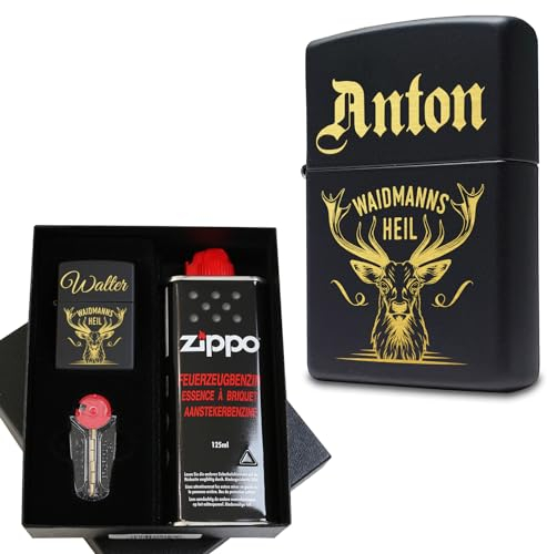 Waidmannsheil Hirsch Zippo Feuerzeug mit Gravur personalisiert | Geschenkidee Jäger Geschenke Männer