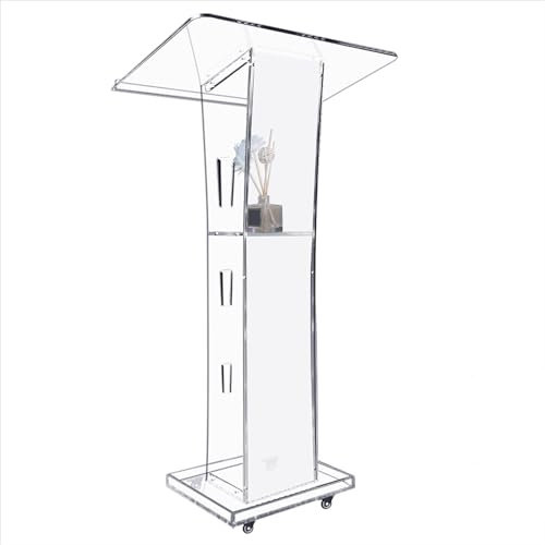 Vakiorn Acryl Podium, Transparenter Acryl Rednerpult mit Rädern & Speicher Regal, Kirche Kanzel mit 15 Farbe LED-Licht, Podium Ständer for Kirche, Vortrag, Hochzeit, Klassenzimmer(23.6x16.1x 45.2)