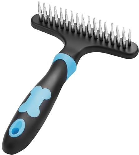 Dog Undercoat Rake, Dog Brushes for Shedding, Dog Dematting Brush Comb for Removing Dogs Cats Short or Long Hair Fur, Pet Grooming Comb Double Row of Stainless Steel Pins-Blue