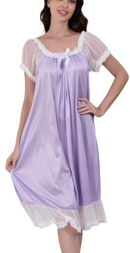 Flwydran Chemise de nuit à manches courtes en satin de soie pour femme, robe de nuit victorienne rose grande taille, violet, L