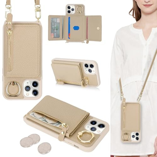ELTEKER Handyhülle für iPhone 11 Pro Hülle mit Band Kartenfach Ringhalterung Geldbörse,Leder Klapphülle Umhängetasche Handytasche für iPhone 11 Pro - beige